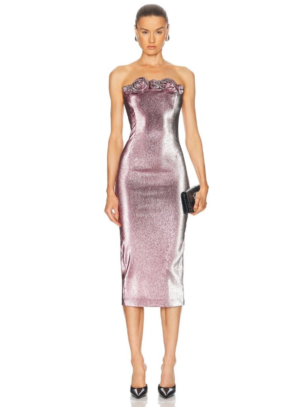AREA Stretch Lame Rosette Midi Dress in Pink & Silver